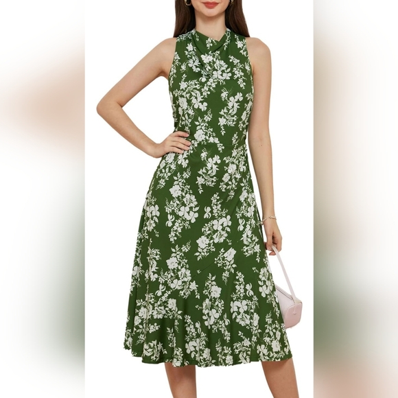 Women's Summer Sleeveless Mock Neck Dress Floral Midi elegant Size 14- Large - Picture 1 of 5